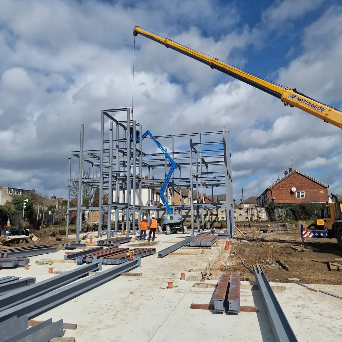 Steel frame construction used to illustrate buildability review and sequencing.
